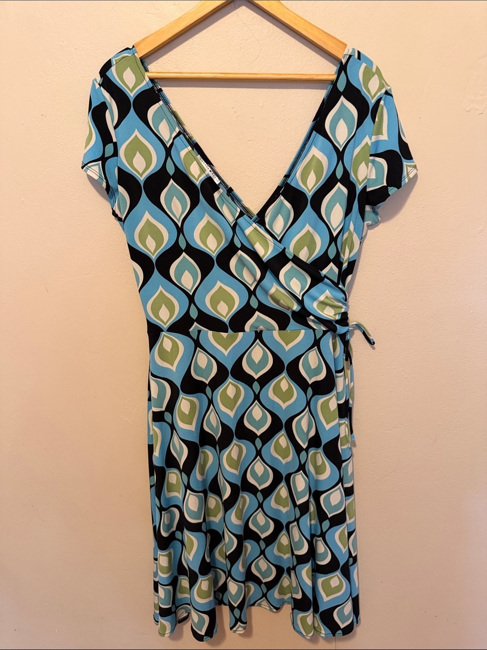 London Style Blue, Black, Green Geometric Wrap Dress